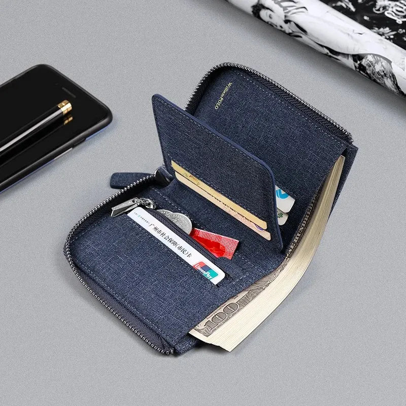 Carteira masculina de nylon azul aberta, com bolso de moedas, cartões e notas
