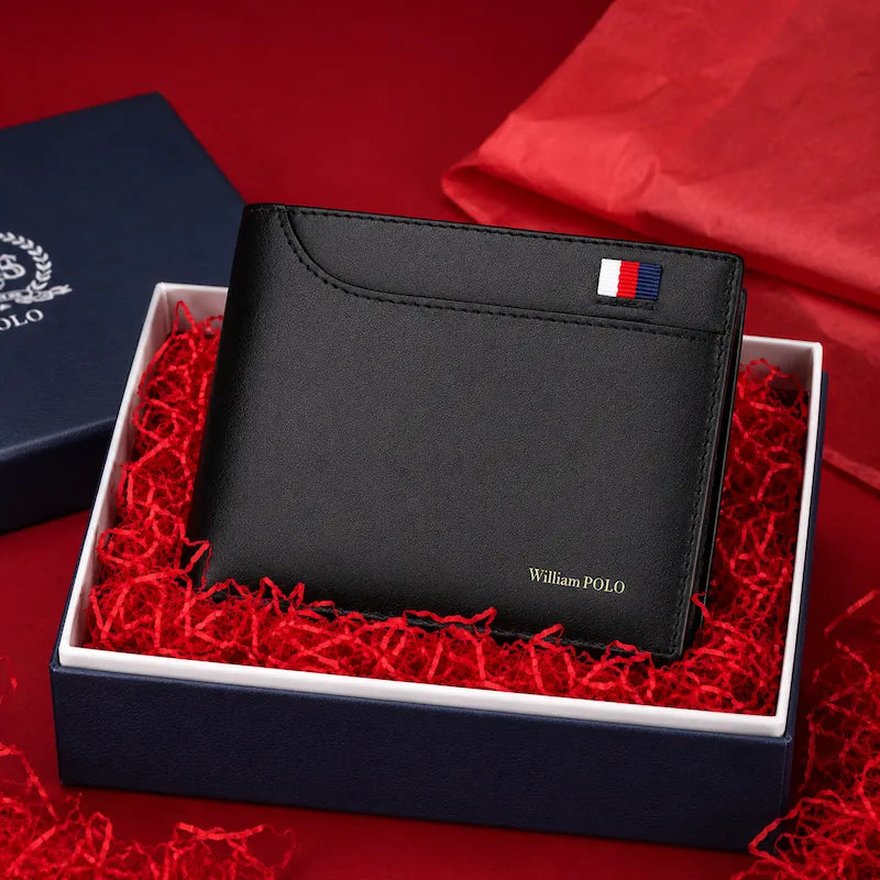 Carteira masculina em couro Classic preta na caixa de presente azul-marinho