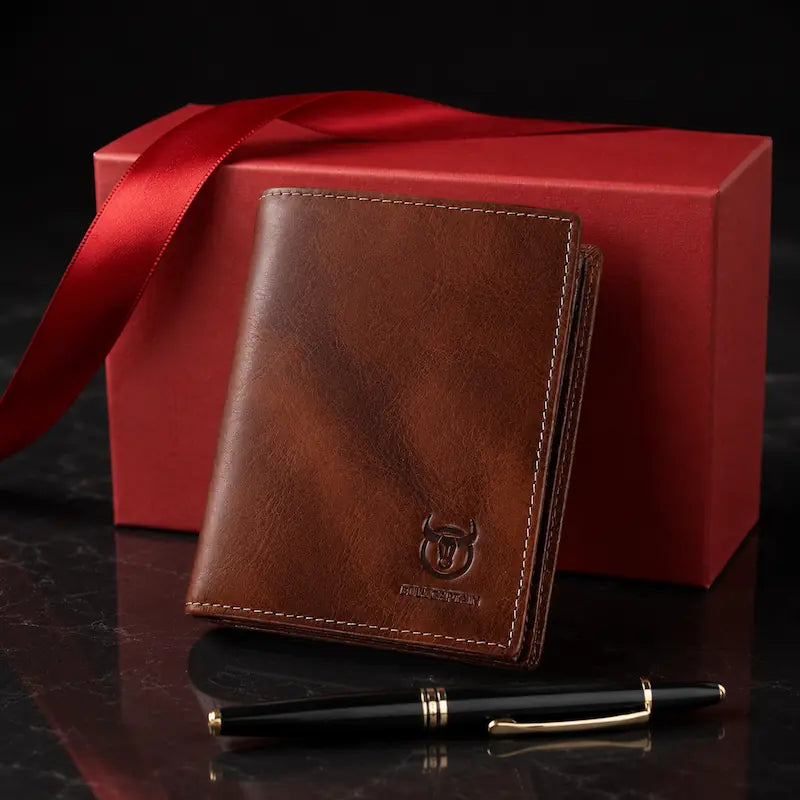 Carteira masculina em couro legítimo Magistrado marrom com caixa de presente e caneta