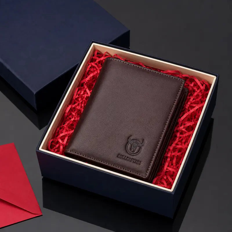 Carteira masculina em couro legítimo Regente marrom ao lado de envelope vermelho e caixa de presente