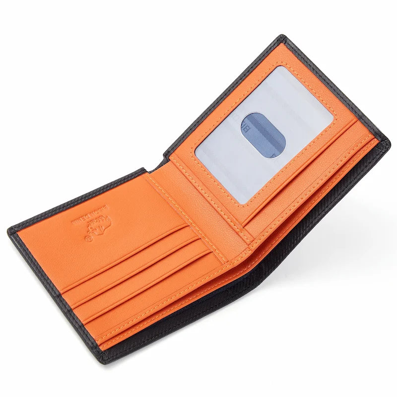Carteira masculina em couro sintético Vetor preta aberta, com interior laranja e visor para documento