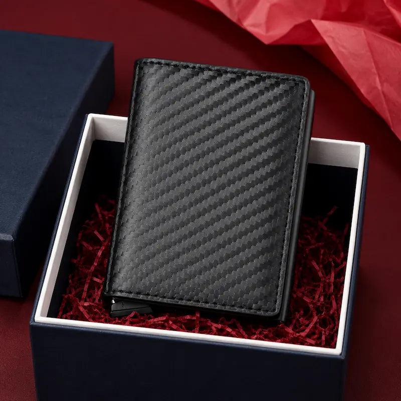 Carteira masculina slim Bastião Carbon preta em caixa branca sobre tecido vermelho