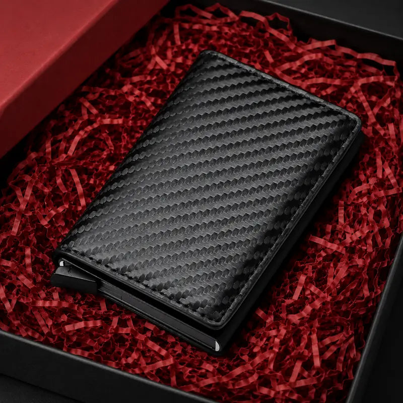 Carteira masculina slim Bastião Carbon preta fechada em caixa escura com enchimento vermelho